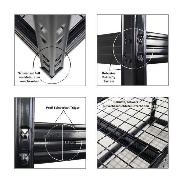 PROREGAL Profi Schwerlastregal Rhino HxBxT 180x200x60cm 4 Gitterrost-Ebenen Fachlast 500kg Schwarz Stecksystem Lagerregal Regalsystem