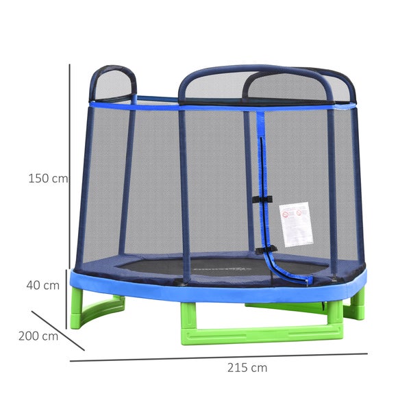 HOMCOM Kindertrampolin, Gartentrampolin mit Sicherheitsnetz, für 3-12 Jahre Kinder, bis 80 kg, 215 x 200 x 190 cm, Stahl, Blau+Grün