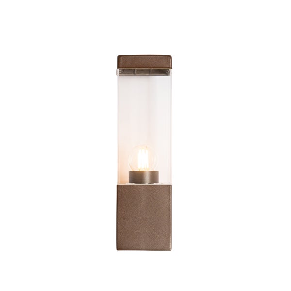 Rechteckige Außenwandleuchte aus braunem Metall mit klarem Kunststoffeinsatz und sichtbarem Leuchtmittel.