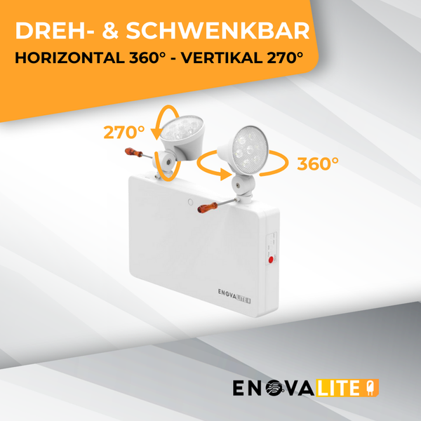 Dreh- und schwenkbare Notleuchte mit horizontal 360 Grad und vertikal 270 Grad Verstellbarkeit.