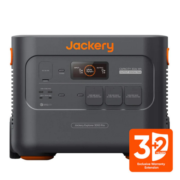 Jackery Explorer 3000 Pro tragbare Powerstation mit digitalem Display, verschiedenen Anschlüssen und exklusiver Garantieerweiterung auf fünf Jahre.