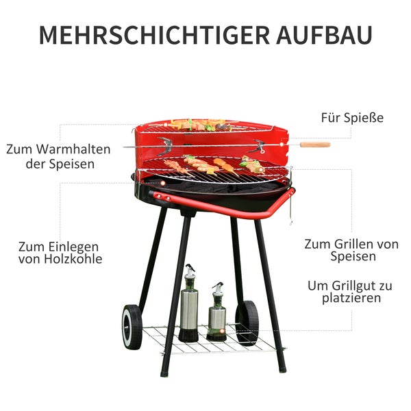 Outsunny Holzkohlegrill, Rundgrill, L51 x B70 x H75,5cm, Metall, Rot