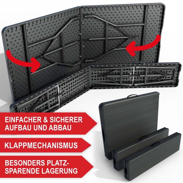 Klapptisch mit sicherem Klappmechanismus für platzsparende Lagerung und einfachen Transport.