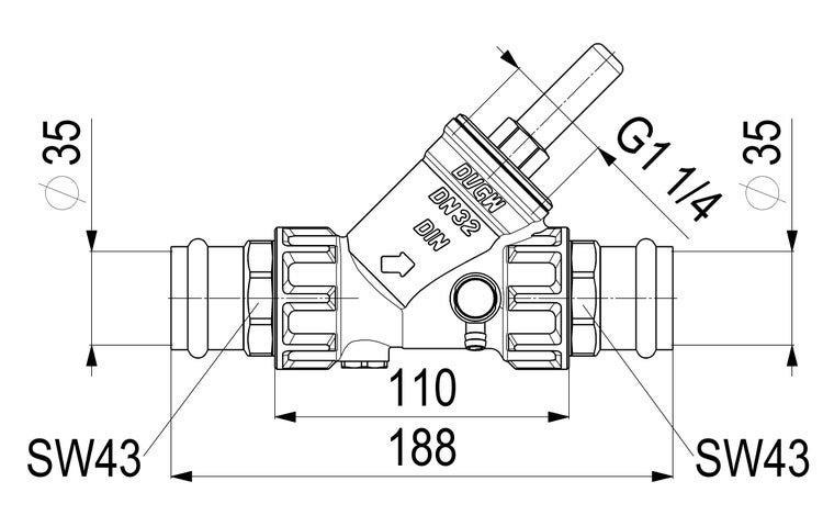 Maßzeichnung eines Freistromventils DN32 mit G 1 1/4 Zoll Gewinde, Gesamtlänge 188 Millimeter, Durchmesser 35 Millimeter und Schlüsselweite 43.