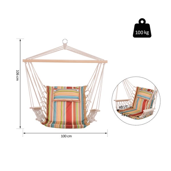 Outsunny Hängesessel Hängeschaukel mit Querstrebe und Kissen Deckenhaken Gestell Hängestuhl bis 100kg belastbar Hängesitz für Indoor Outdoor Garten Terrasse Mehrfarbig