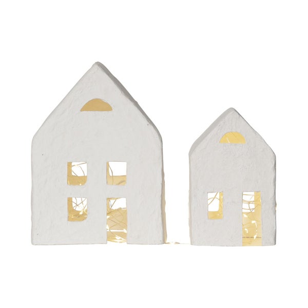 LED Lichthäuser ,Plain' aus Papier, Batterien + Timer, Pappmaché, 2 Deko-Häuser, weiß, H 20cm, L 140cm