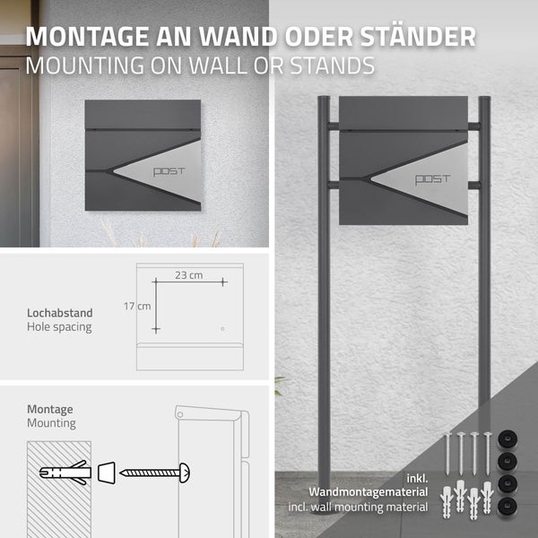 Briefkasten zur Wandmontage oder Ständermontage. Inklusive Befestigungsmaterial und Maßen für Lochabstände von 23 mal 17 Zentimeter.