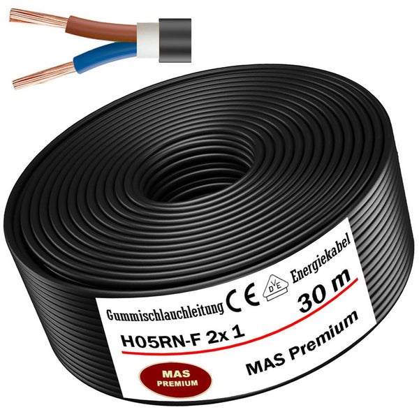 Gummischlauchleitung H05RN-F 2x1, 30 Meter Rolle, MAS Premium, mit Detailansicht der Adern.