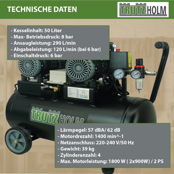Trutzholm Druckluftkompressor mit technischen Daten wie 50 Liter Kesselinhalt, 8 bar Druck, 1800 Watt Leistung, 4 Zylinder und Trutzholm Logo.