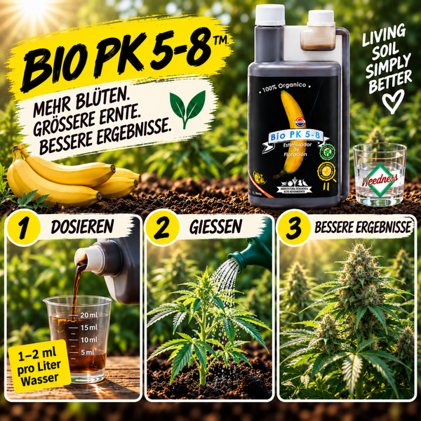 Bio PK 5-8 Bluetenstimulator in Flasche mit Anwendungshinweisen Dosieren Giessen und Ergebnisdarstellung fuer Pflanzenkulturen.
