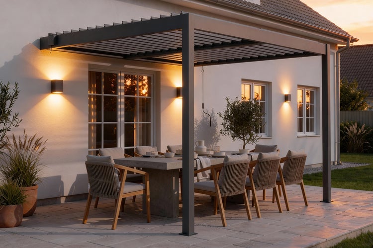 Detailansicht einer grauen Terrassenüberdachung mit Lamellendach