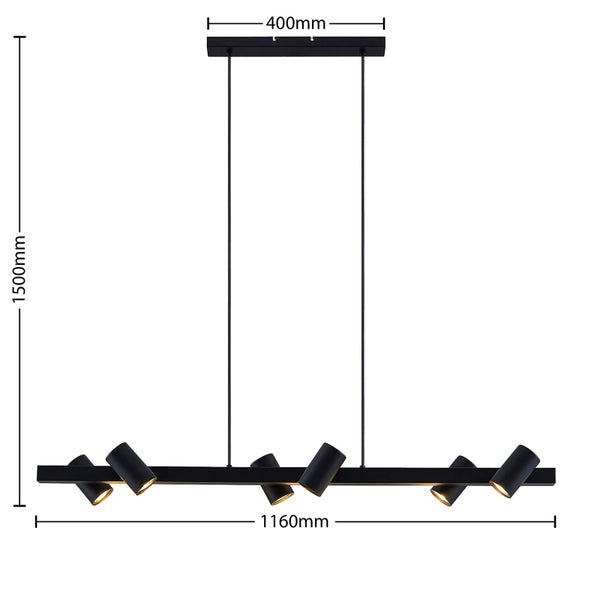 Schwarze Hängelampe mit sechs Strahlern und Maßangaben