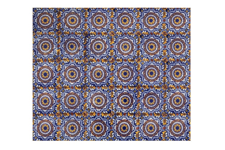 Fliesen mit blauem, braunem und gelbem Blumenmuster