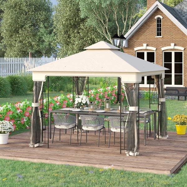 Outsunny Gartenpavillon, mit Doppeldach Pavillon,  2,99 x 2,99 x 2,74 m, Metall+Polyester, Cremeweiß