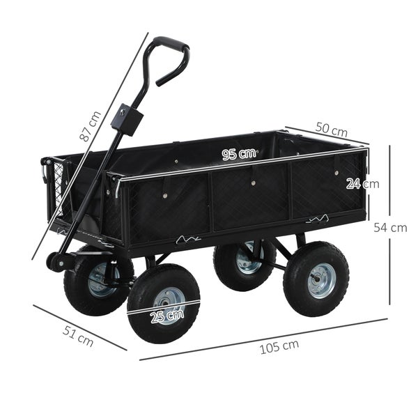 Outsunny Gartenwagen 300 kg belastbar Transportwagen mit Luftreifen, herausnehmbare Plane Griff Rädern Lenkachse Bollerwagen Handwagen Gartenkarre 114 L Gerätewagen für Haus Garten Schwarz