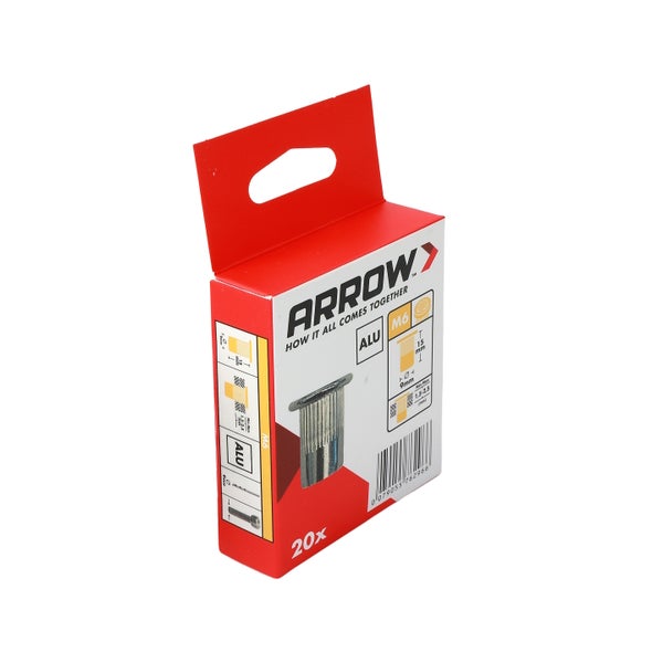 Packung mit 20 silbernen Arrow Blindnietmuttern M6 aus Aluminium, Länge 15 Millimeter, Durchmesser 9 Millimeter.