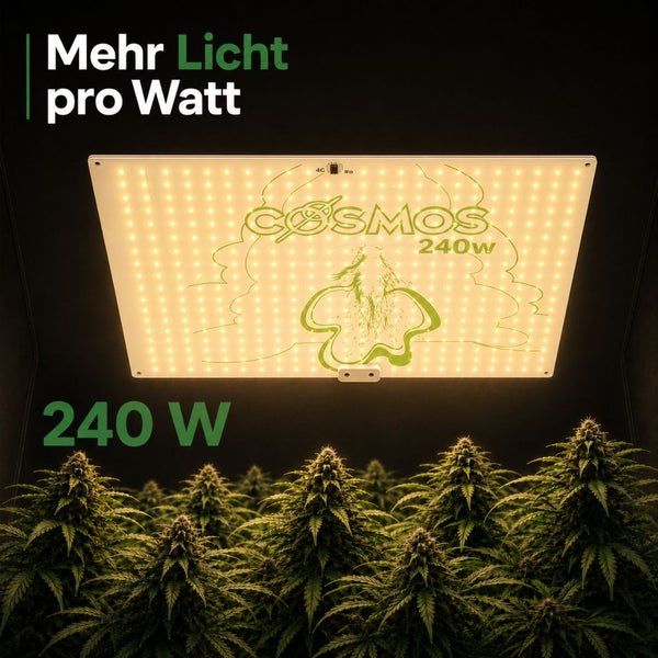 Cosmos LED Pflanzenlampe 240 Watt zur Pflanzenbeleuchtung, Cosmos Logo und Text Mehr Licht pro Watt.