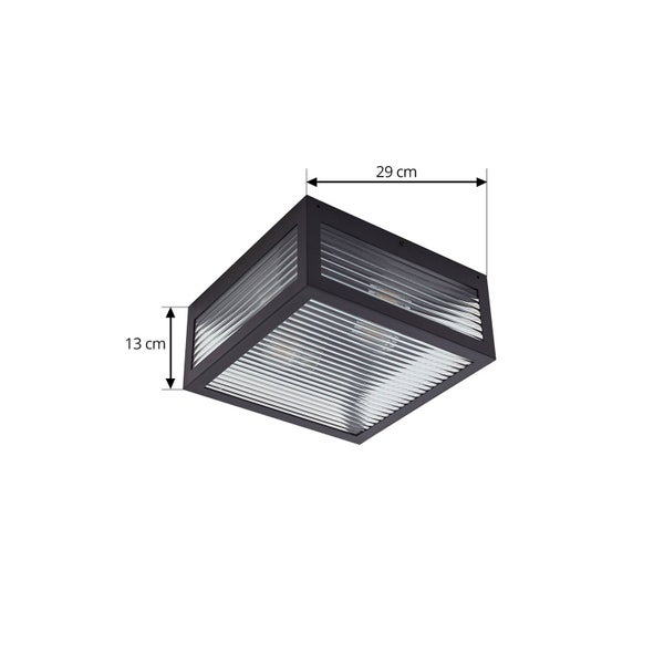 Quadratische Deckenleuchte für außen mit schwarzem Rahmen und geriffeltem Glas, Breite 29 Zentimeter, Höhe 13 Zentimeter.