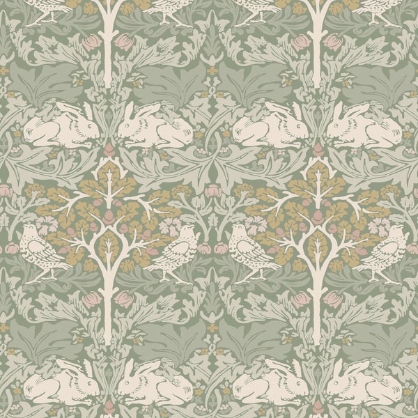 Dekoratives Muster mit Hasen, Vögeln, Bäumen und Blättern