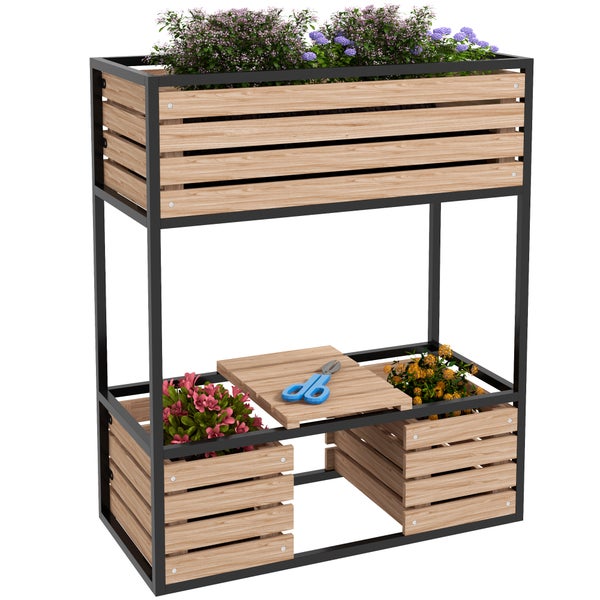 Outsunny Hochbeet aus Holz, 2-Stufiger Blumenkasten mit Ablage, Erhöhtes Gemüsebeet mit Innenvlies, Kräuterbeet für Garten, Balkon, Hellbraun, 83 x 39 x 100 cm