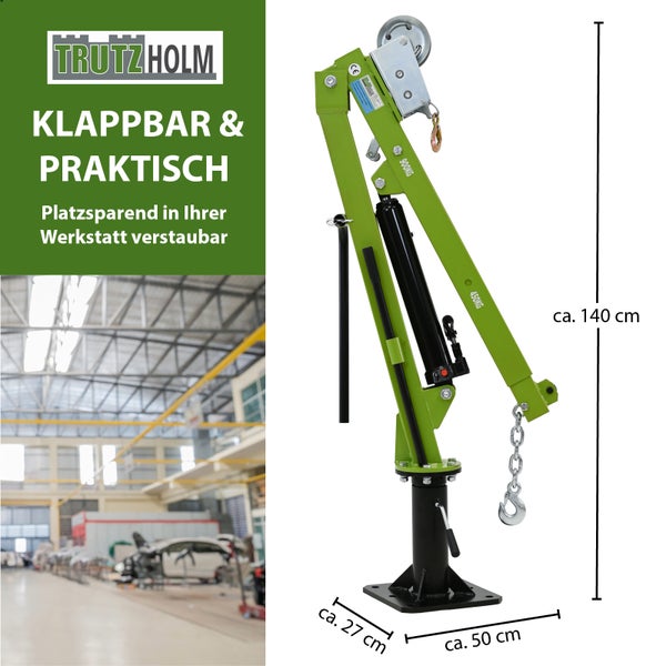 Trutzholm Werkstattkran klappbar mit Hydraulik zum Heben schwerer Lasten und platzsparender Lagerung in der Werkstatt