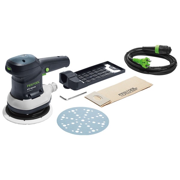 Festool Exzenterschleifer ETS 150/5 EQ mit Schleifteller, Staubbeutel, Netzkabel und Innensechskantschlüssel.