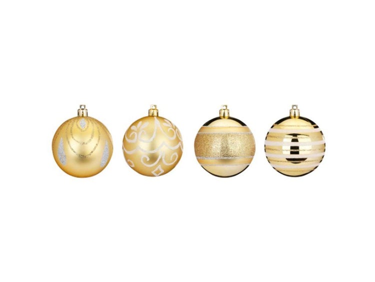 Set mit vier verzierten Weihnachtskugeln mit verschiedenen Mustern zur Weihnachtsdekoration