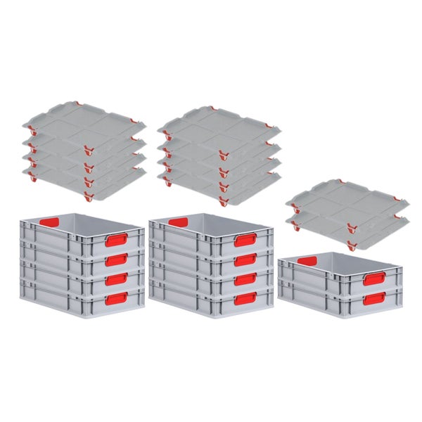 PROREGAL Spar Set 10x Eurobox Nextgen Color Mit Auflagedeckel & Schiebeschnappverschlüsse HxBxT 12 x 40 x 60 cm Griffe Rot Geschlossen Glatter Boden