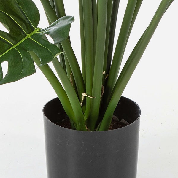Künstliche Monstera Kunstpflanze mit grünen Stielen im schwarzen Kunststofftopf.