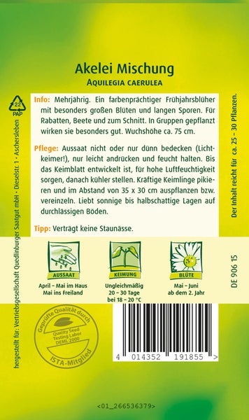 Rückseite der Samentüte für Schalerbse Prins Albert der Marke Carl Pabst mit Details zu Aussaat, Standort, Kultur und Ernte.
