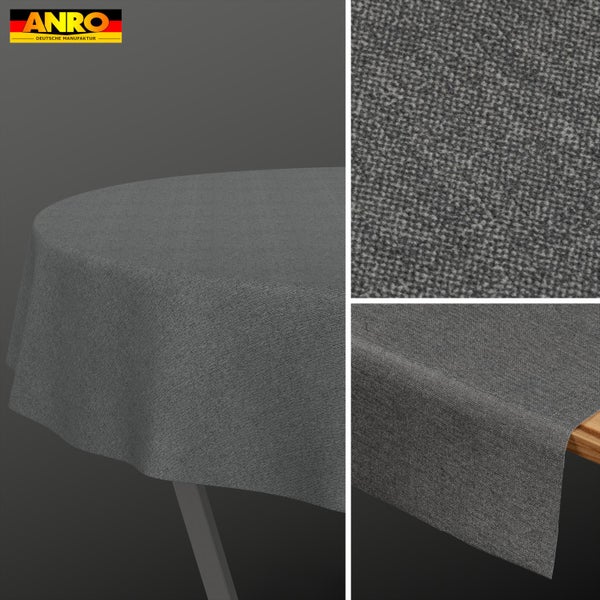 ANRO Logo. Graue Tischdecke in melierter Stoffoptik, dargestellt auf einem runden und einem eckigen Tisch sowie in einer Nahaufnahme der Textur.