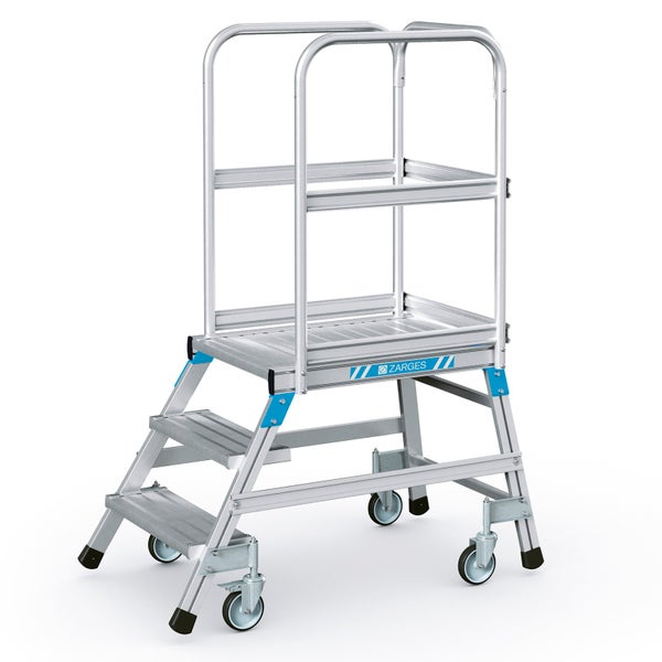 Rollgerüst aus Aluminium mit drei Stufen und umlaufendem Geländer