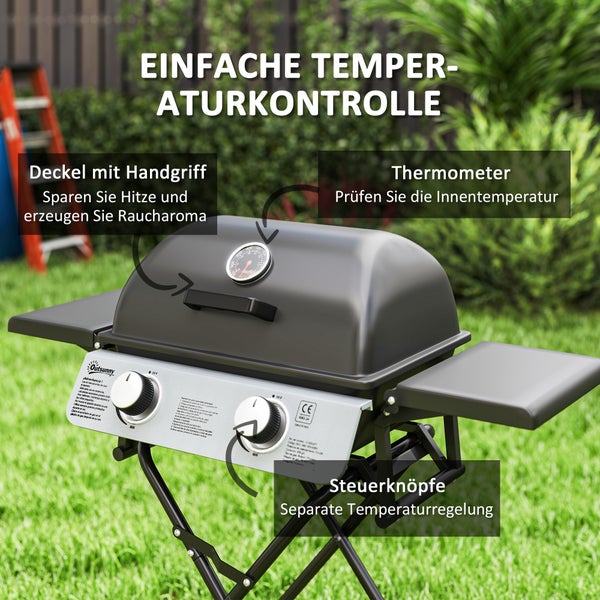 Outsunny Gasgrill 5,6 KW Grillwagen inkl 2 Edelstahl-Brenner klappbar Seitenablagen Rolle Druckminderer Gasschlauch Deckel Thermometer, BBQ Gartengrill für Balkon, Camping-Grill 101 x 50 x 102 cm