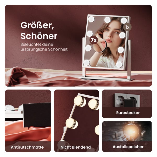 EMKE Hollywood Schminkspiegel mit Beleuchtung, 360° drehbar, 9 dimmbare LED-Lampen, 3 Lichtfarben, Touch-Schalter mit Speicherfunktion, 7x Vergrößerung, Weiß, 360×305×85 mm