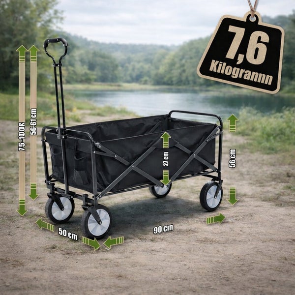 Zusammenklappbarer Bollerwagen mit Metallrahmen und Maßen von 90 Zentimeter Länge sowie 50 Zentimeter Breite vor einer Landschaftskulisse.