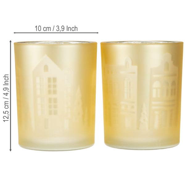 Windlichter mit Stadthausmotiven, Durchmesser 10 cm, Höhe 12,5 cm