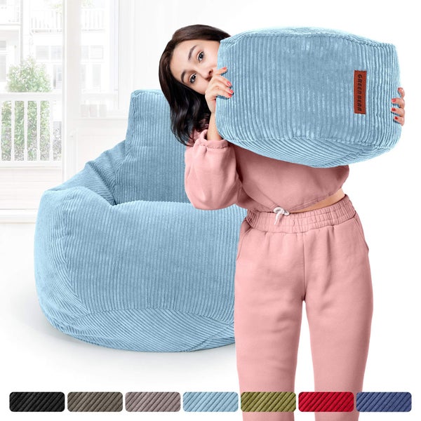 Green Bean Sitzsack mit Hocker aus Cord - Sitzsäcke für das Wohnzimmer, Schlafzimmer, Sitzsack-Sessel für Erwachsene Hellblau