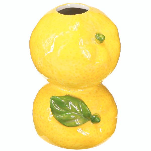 Keramikvase in Form von zwei übereinander gestapelten Zitronen mit glänzender Oberfläche.