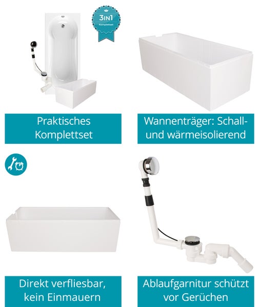 Calmwaters® Badewanne mit Dusche Komplettset 180x80 cm mit Wannenträger & Ablaufgarnitur, Acrylwanne Modern Small 2, Duschzone, Set Badewanne komplett 180 x 80, Duschbadewanne für 2 Weiß, 99000167