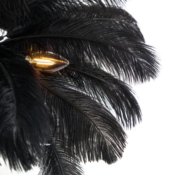 Nahaufnahme einer Lampe mit schwarzen Federn und einem leuchtenden Leuchtmittel.