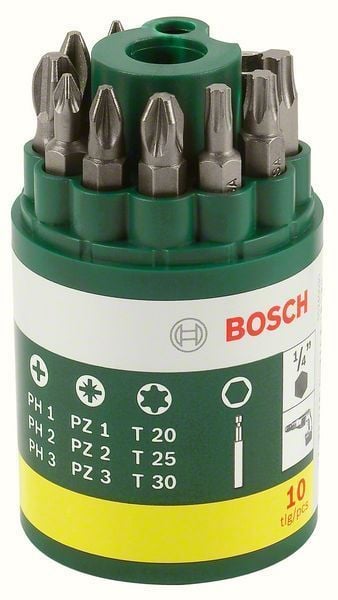 Bosch Schrauberbit-Set mit verschiedenen Bit-Aufsätzen in grüner Halterung