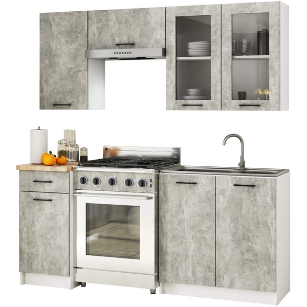 Küchenzeile mit Spüle, Kochfeld, Dunstabzugshaube und Hängeschränken