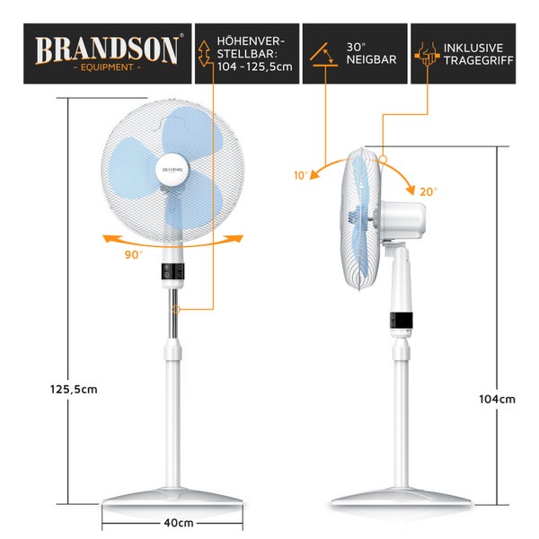Brandson Standventilator, Standlüfter leise, Ventilator, höhenverstellbarer Standfuß, Neigungswinkel 30° verstellbar, inkl. Fernbedienung