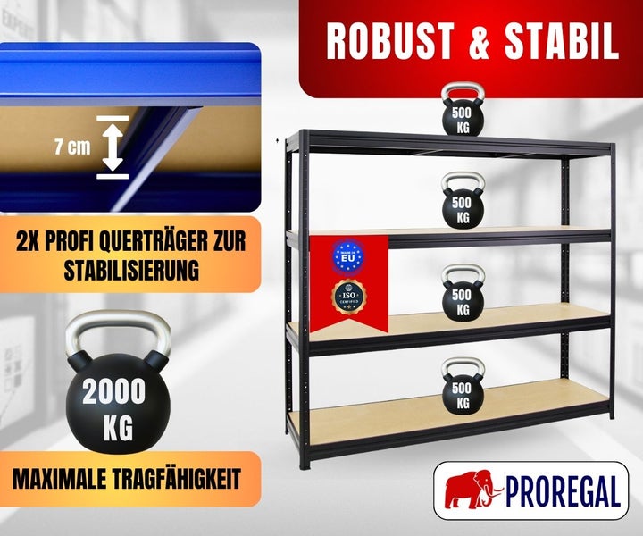 Schwarzes Schwerlastregal, 4 Böden, 2 Querträger pro Boden, 2000 Kilogramm Tragkraft, ISO zertifiziert, Europäische Union, Proregal Logo.