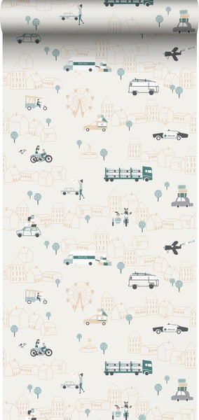 Babyzimmer mit Kinderbett und Tapete mit Stadtmotiv