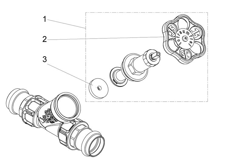 Technische Explosionszeichnung eines totraumfreien Absperrventils mit Nennweite 25 und markierten Ersatzteilen wie Handrad und Dichtung.
