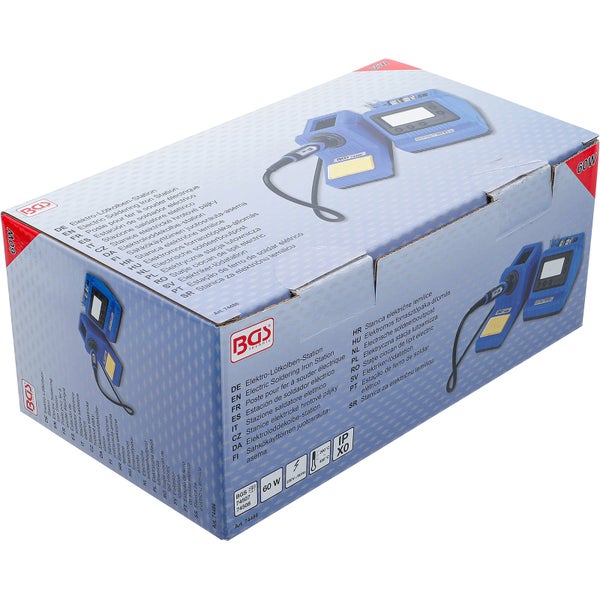 Blaue BGS Lötstation mit Lötkolben, Ablage mit Schwamm, zwei Rollen Lötzinn und Netzkabel für präzises Löten.