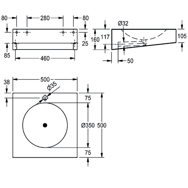 Maßzeichnung eines quadratischen Waschbeckens mit 500 Millimeter Breite und einem runden Becken mit 350 Millimeter Durchmesser.