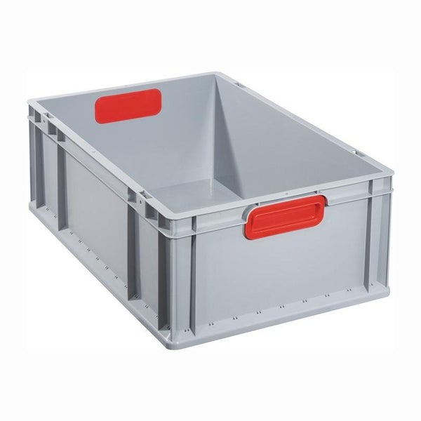 Grauer Lagerbehälter mit roten Griffen.