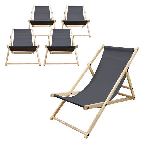 ECD Germany 5er Set Liegestuhl klappbar, Anthrazit, Holz, verstellbare Rückenlehne, 3 Positionen, bis 120kg, Sonnenliege Gartenliege Strandliege Strandstuhl Holzklappstuhl, für Garten, Balkon & Strand